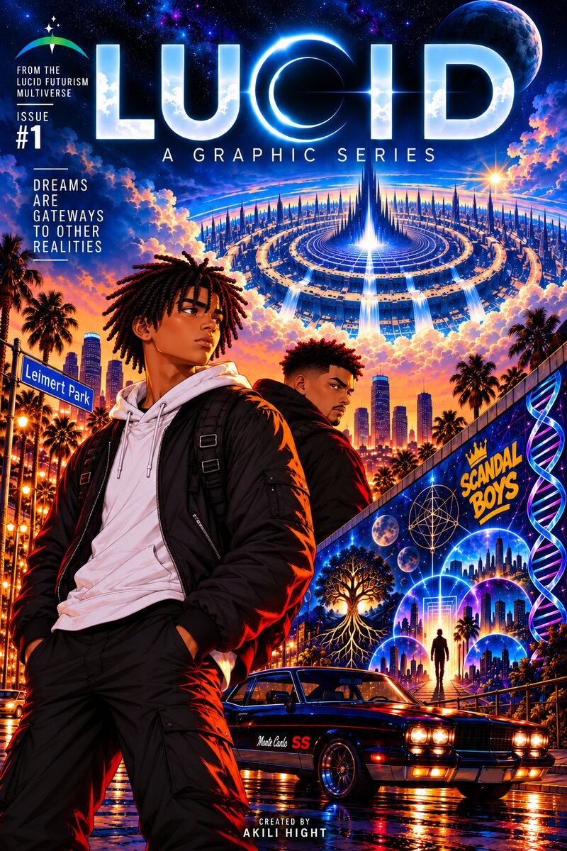 Cover of LUCID: A Graphic Series, Issue #1, featuring two young protagonists in Leimert Park beneath the futuristic city of Solar City.