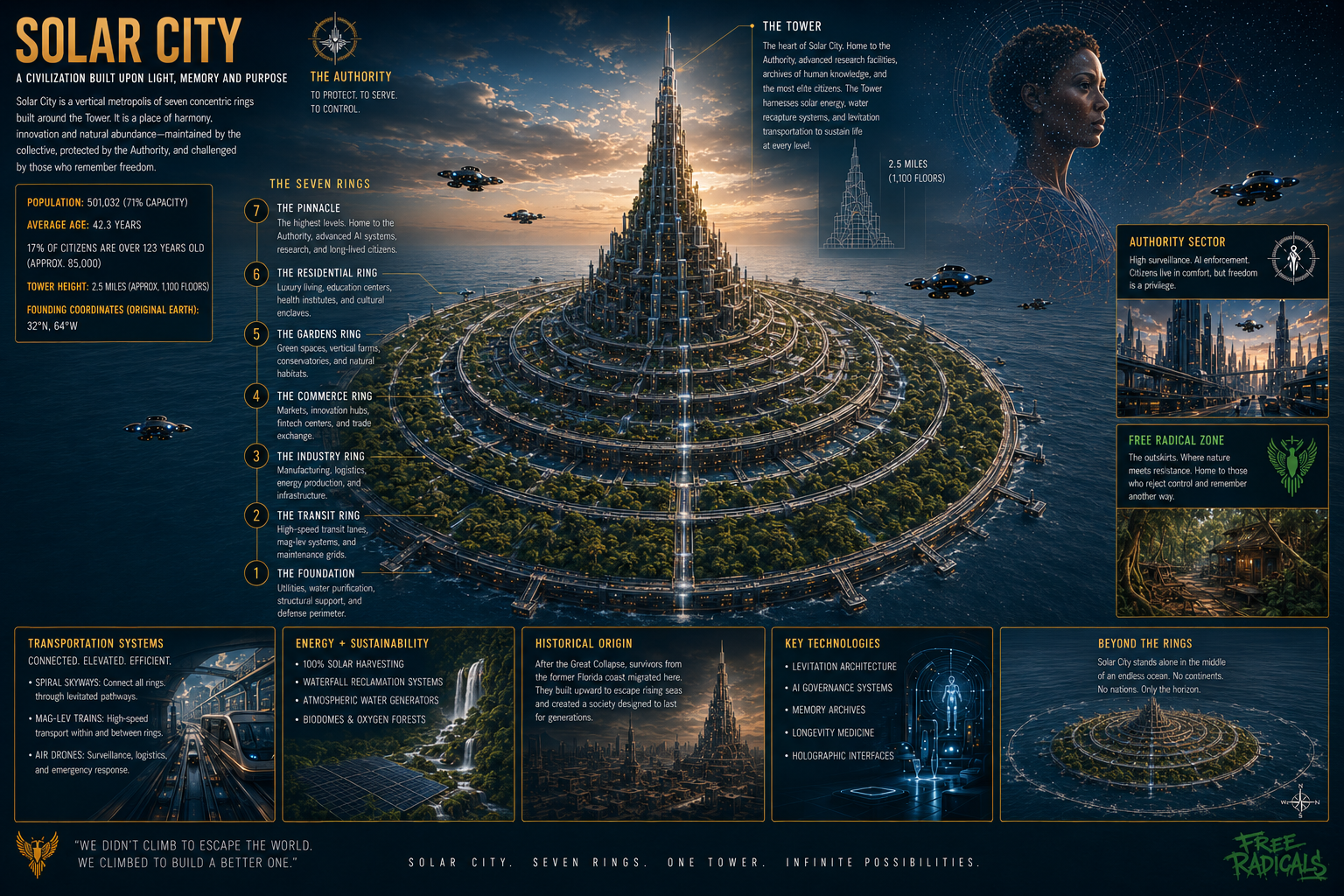Solar City visual guide — vertical metropolis of seven concentric rings around the Tower.